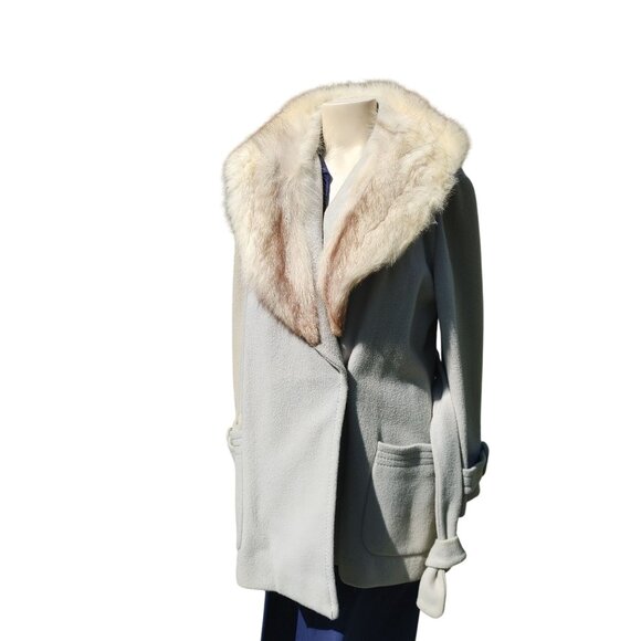 Real Fox Fur Collar Coat Belt Light Gray Wool Satin Lining Project or Parts - Picture 3 of 12
